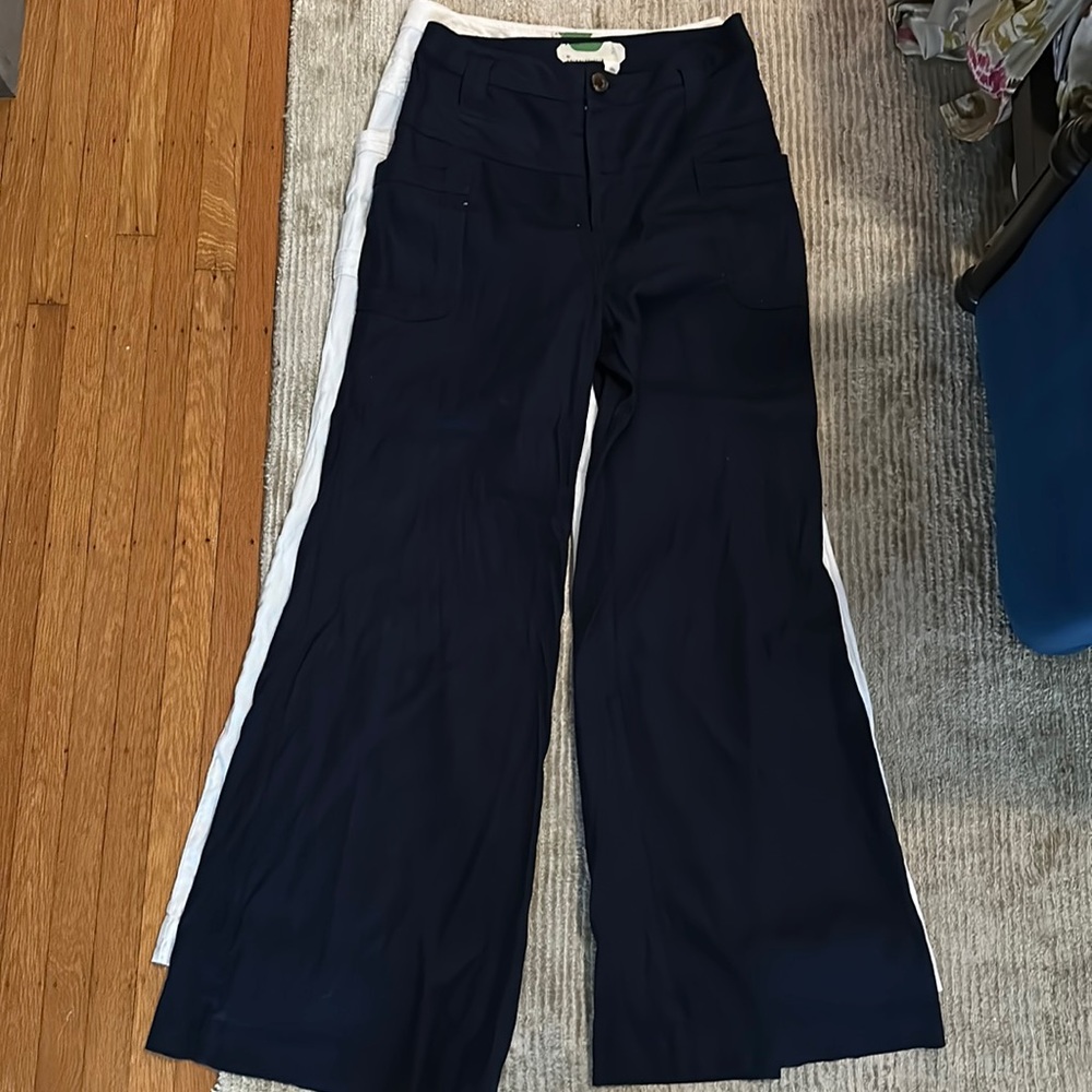 Wide leg flare linen navy Anthropologie pants